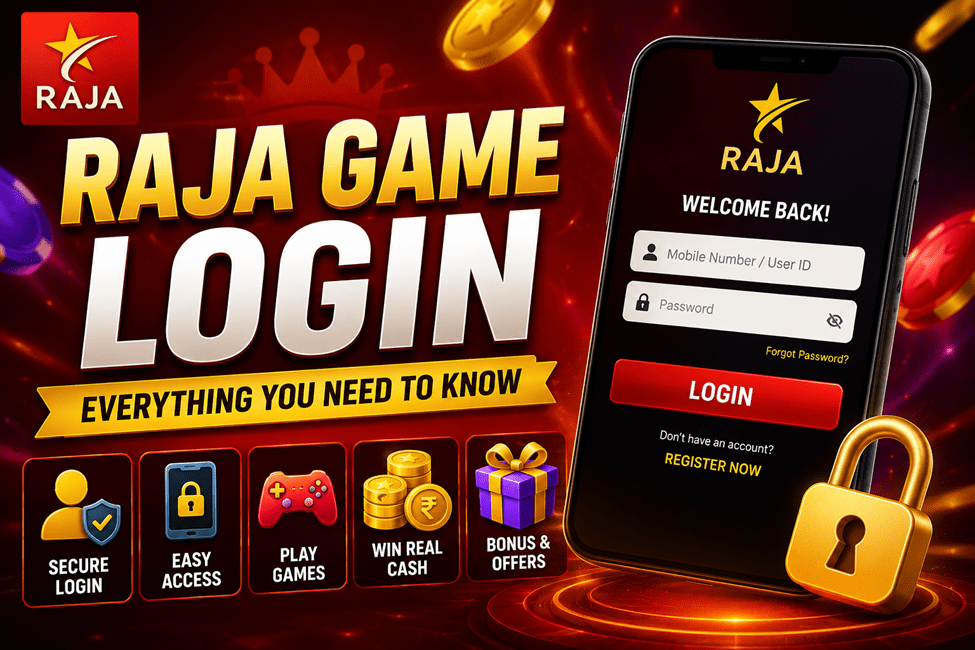 Raja Game login guide banner with secure access, rewards, and mobile gaming features.